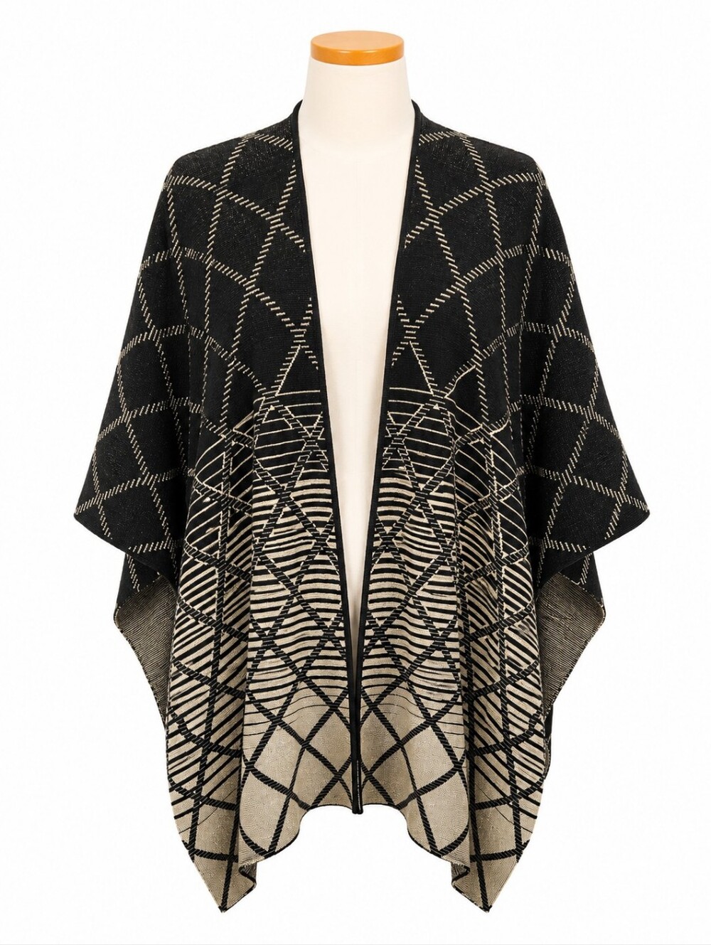 NWT Ming Wang Hope Wrap Knit Shawl Poncho Jacket Black Gold Geometric OS Limited